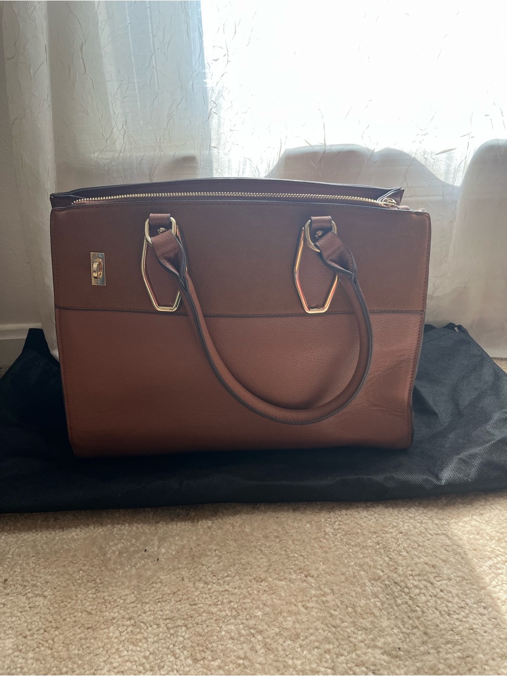 Structured Brown Leather Tote with Gold Hardware